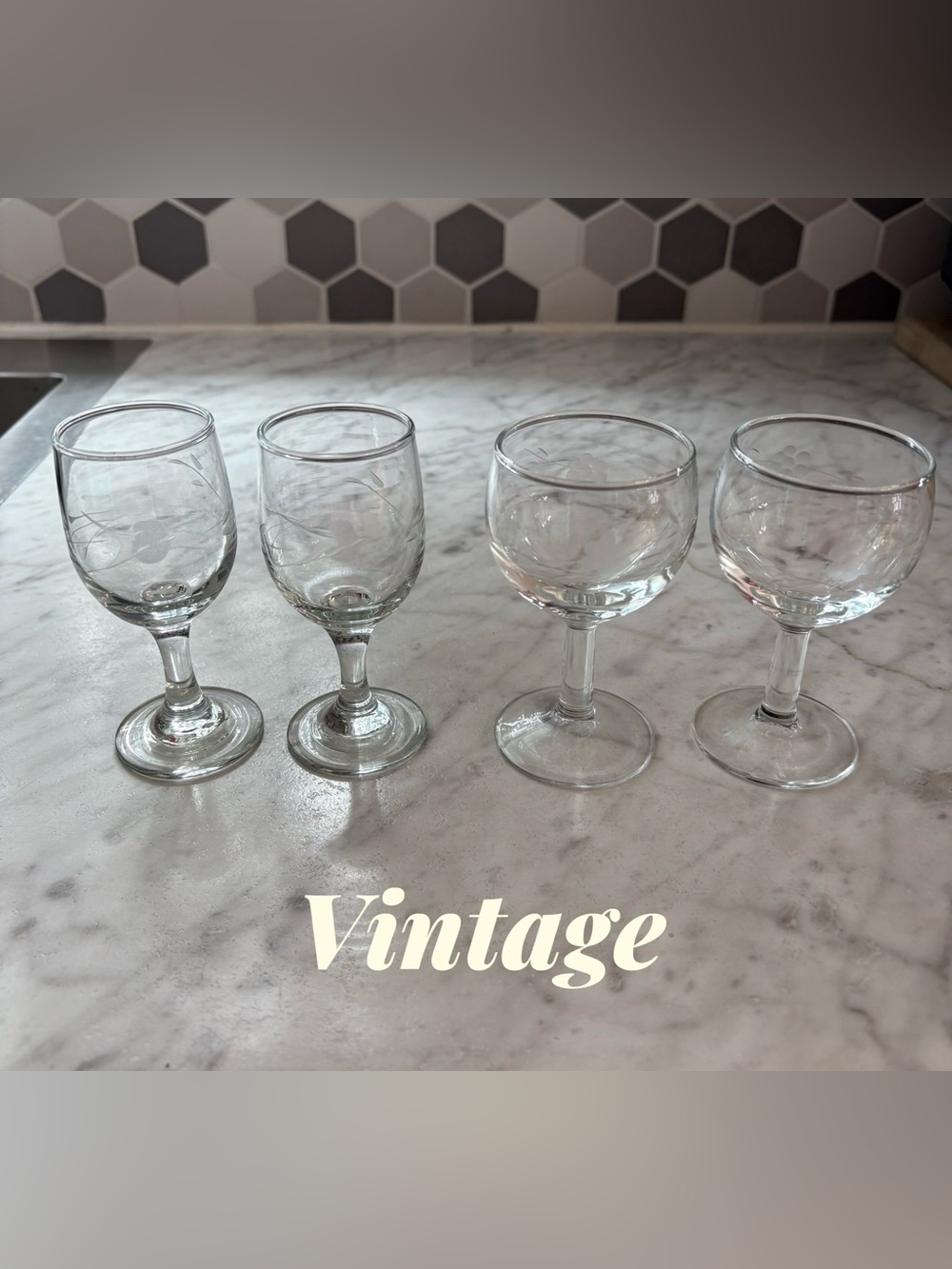 Vintage Etched Cocktail Liqueur Glasses Set of 4 Clear Stemmed Retro Barware
